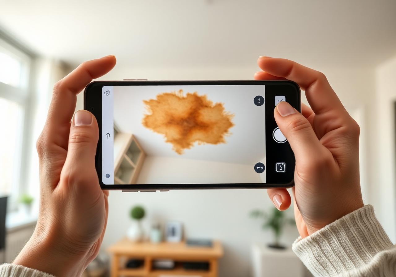 Personne photographiant une tache d'humidité au plafond avec un smartphone