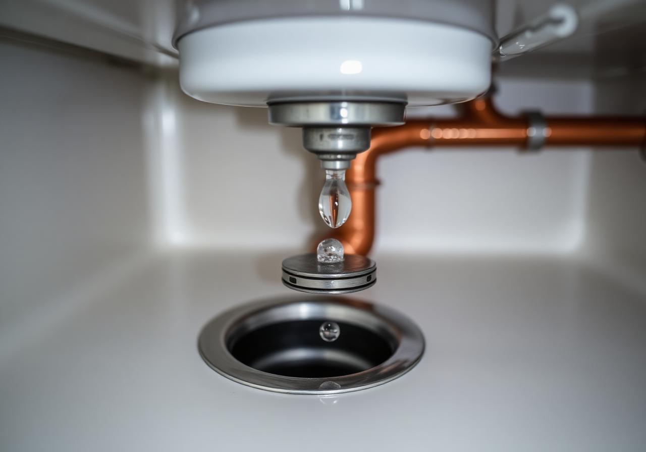Détail technique sous un évier — siphon et canalisations