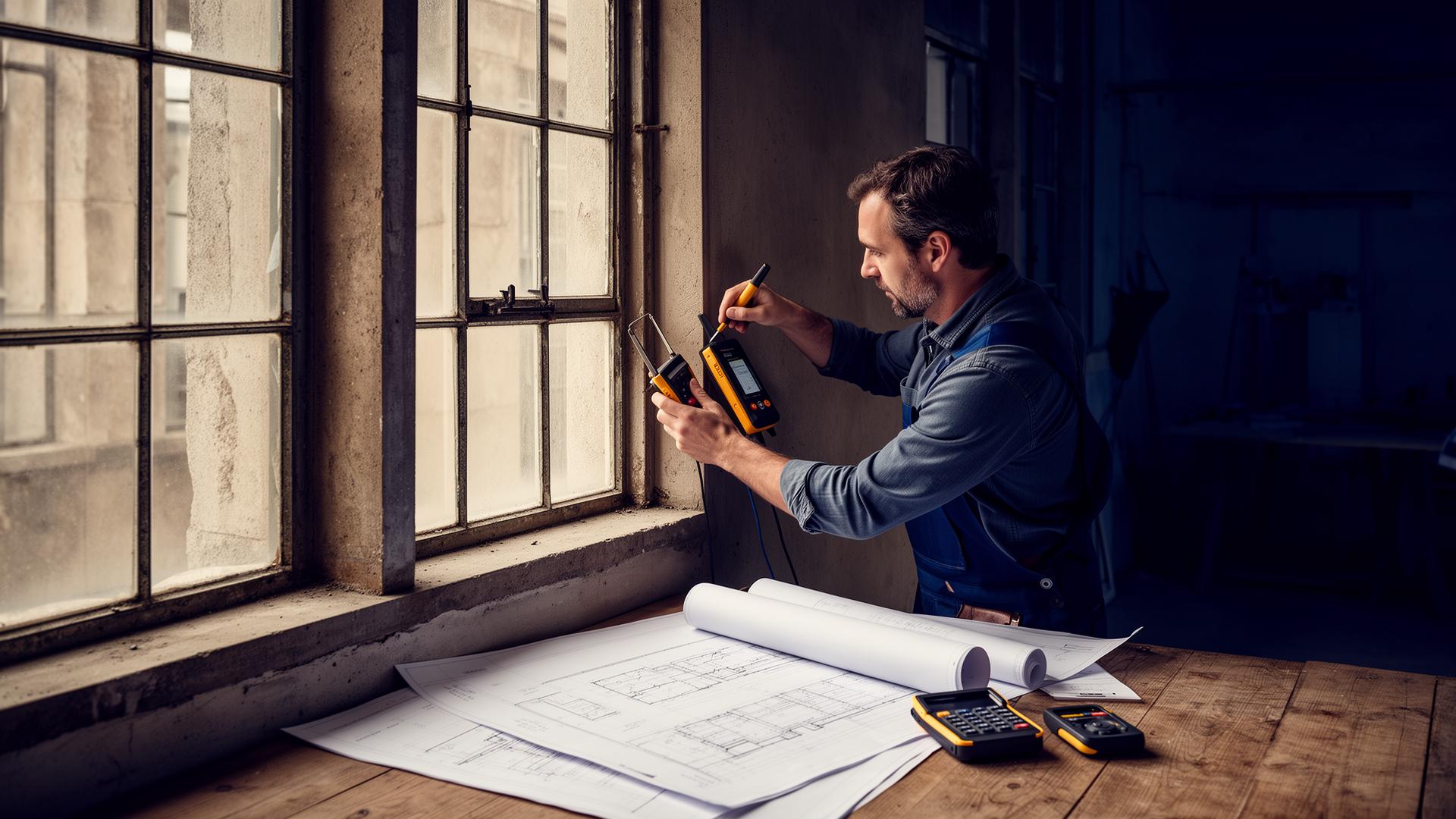 Technicien inspectant un bâtiment avec instruments de mesure et plans techniques